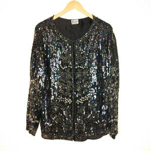 Vintage Beaded Sequin 100% Silk Evening Jacket Long Sleeve Black Silver  Large